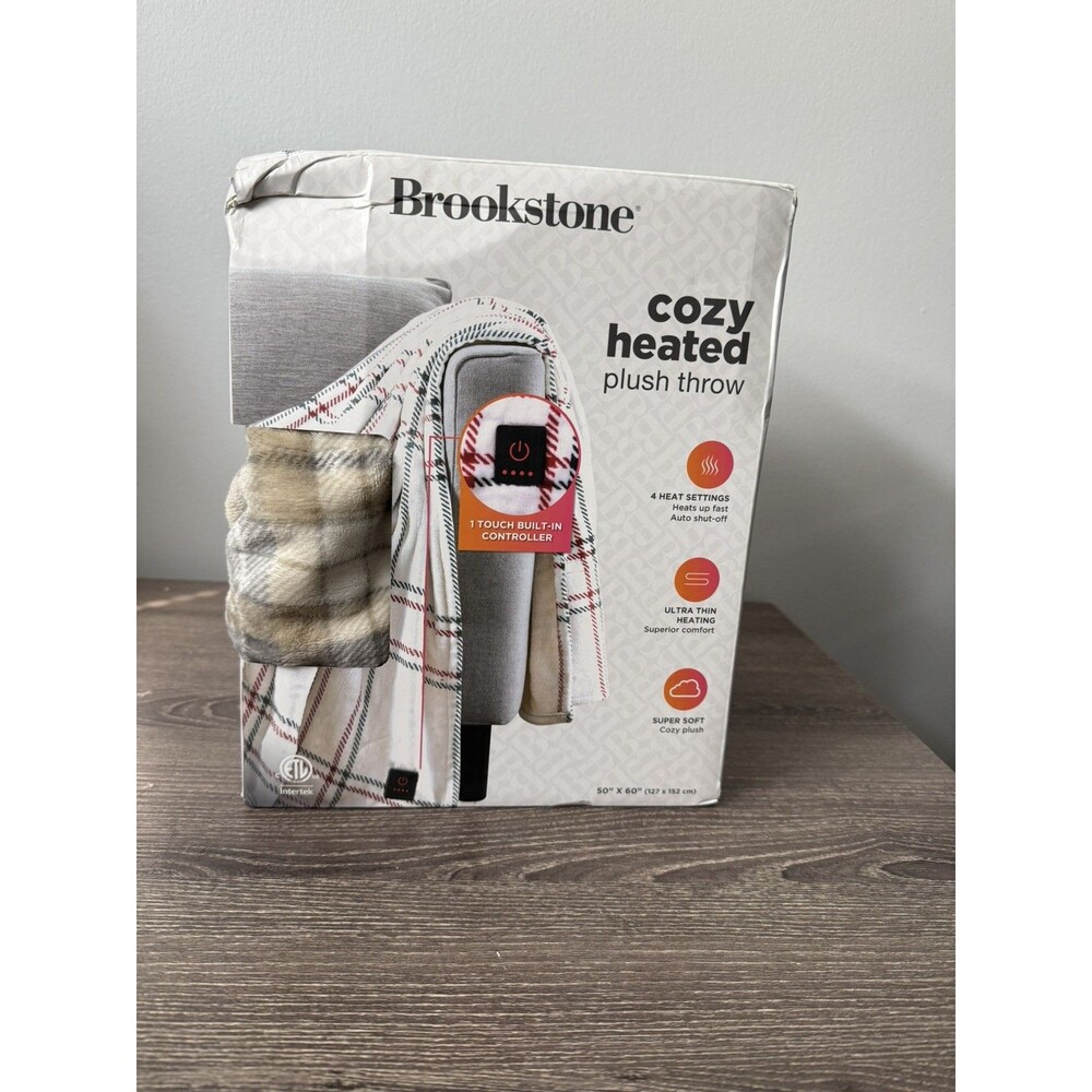 Brookstone Cozy Heated Plush Throw w/ Controller, 4 Heat, Auto Off, 50x60 Plaid